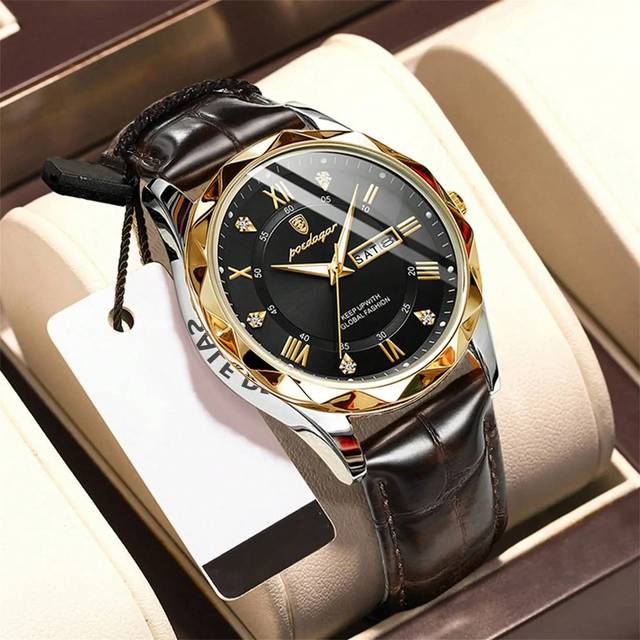 POEDAGAR 1pc Men&#39;s Watch 50m Waterproof Rust-Proof Leather 316 Stainless Steel Luminous Hands Japan Imported Quartz Automatic Movement - High-Quality Built-In