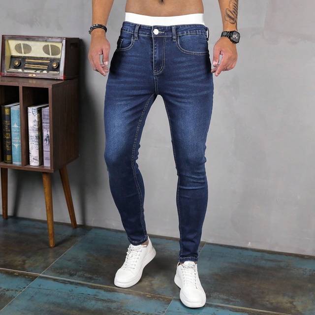 Män Bomull Katt Morrhår Tvättade Skinny Jeans, Vanliga Mörk Blå Slim Fit Lång Mörk Tvätt Jeans Tvättade Cargo Jeans, Till Maken, Pojkvän Presenter - Mörktvätt (L,M,S,XL)