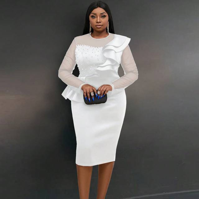 SHEIN Plus Size Women Elegant Ruffle Beaded Mesh Gorgeous Festival Party White Dresses