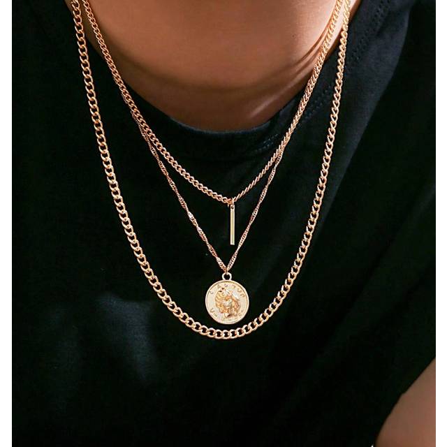 3 st. Herr Runt Hänge Halsband - Gult guld (En-Storlek)