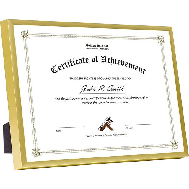 Golden State Art, 8.5x11 Aluminum Frame, Real Glass, Metal Frame for 8.5 by 11 inch Document, Certificate, Diploma. with Easel Stand (Gold 1pack)