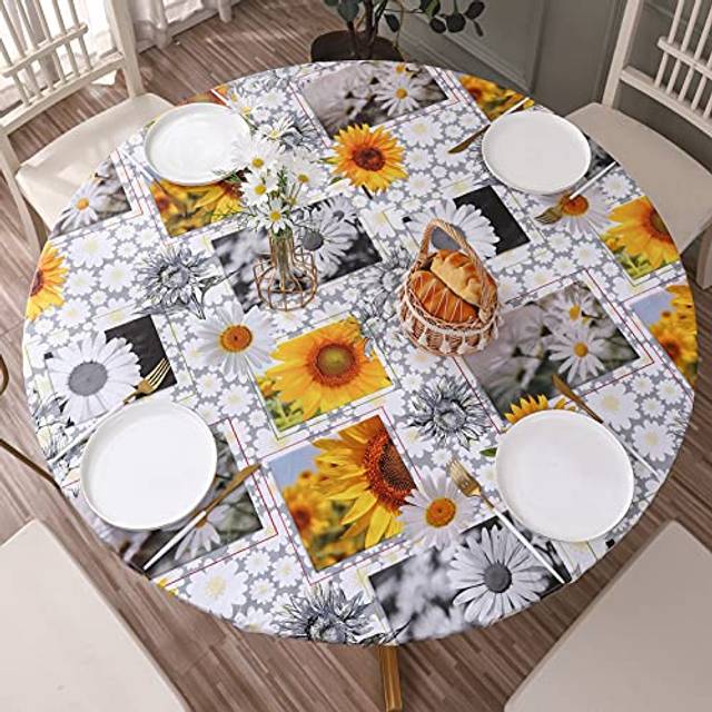 Round Vinyl Fitted Tablecloth with Flannel Backing Elastic Edge Design Table Cover Waterproof OilProof PVC Table Cloth StainRe
