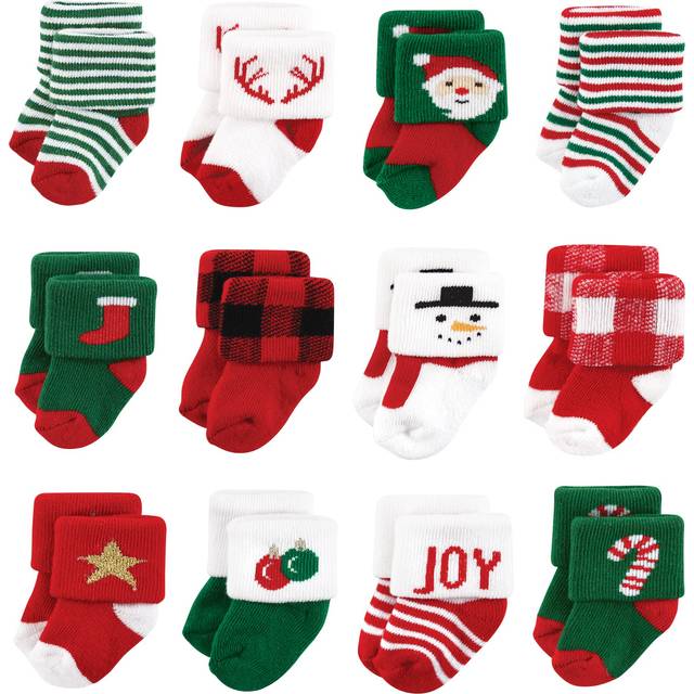 Hudson Baby Unisex Baby Cotton Rich Newborn and Terry Socks  12 Days of Christmas Santa  6-12 Months