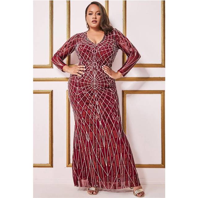 Goddiva Plus Geo Sequin Long Sleeve Maxi Dress - Wine - 26