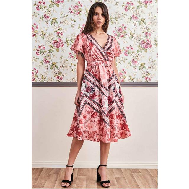 Goddiva Flutter Sleeve Wrap Style Midi Dress - Peach - 14