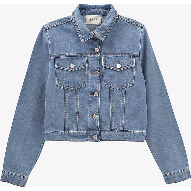 Ikks Womens Blue Grey Patch-pocket Straight-fit Denim Jacket L - BLUE GREY