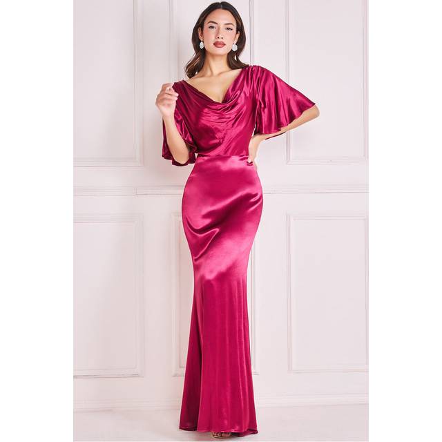 Satin Viscose Cowl Neck Maxi With Train - Burgundy by Goddiva - 12