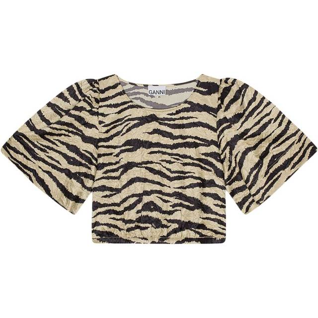 GANNI - zebra-print crinked cropped T-shirt - women - Recycled Polyester/Elastane - 34 - Neutrals