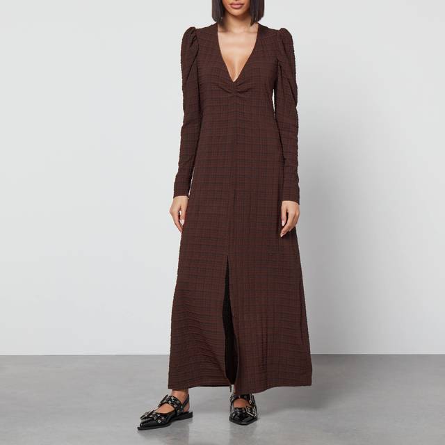 Ganni Checked Seersucker Maxi Dress - EU 38/UK 10 - Brown