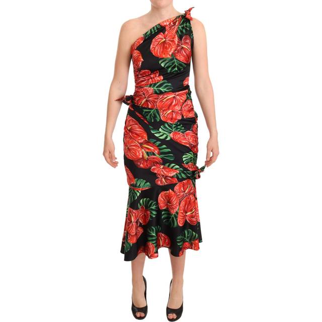 Dolce & Gabbana Black Shiny Silk Floral Print Draped Dress - IT38 | S