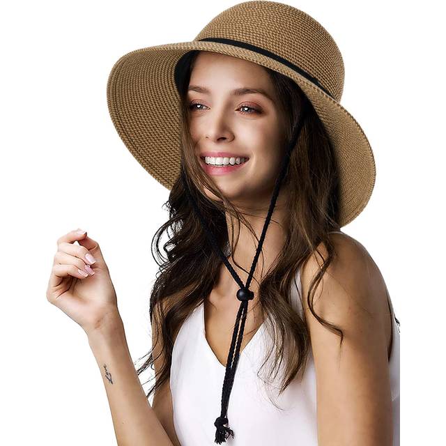 Womens Wide Brim Sun Hat with Wind Lanyard UPF Summer Straw Sun Hats for Women Brown  Medium