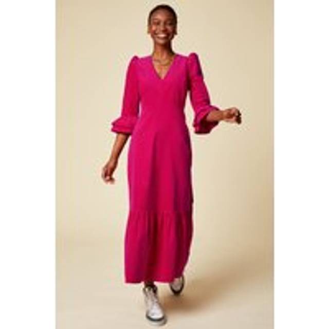 Victoria V-Neck 3/4 Sleeve Stretch Corduroy Dress | Fuchsia - Purple/Red