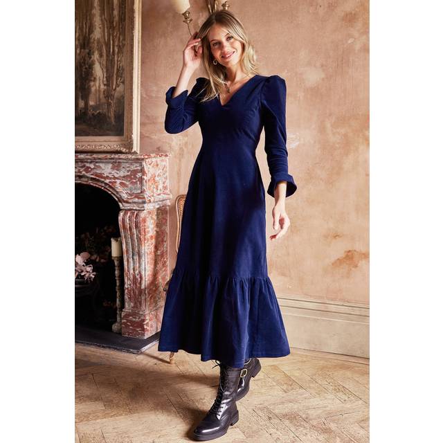 Victoria V-Neck Long Sleeve Stretch Corduroy Dress | Atlantic Blue
