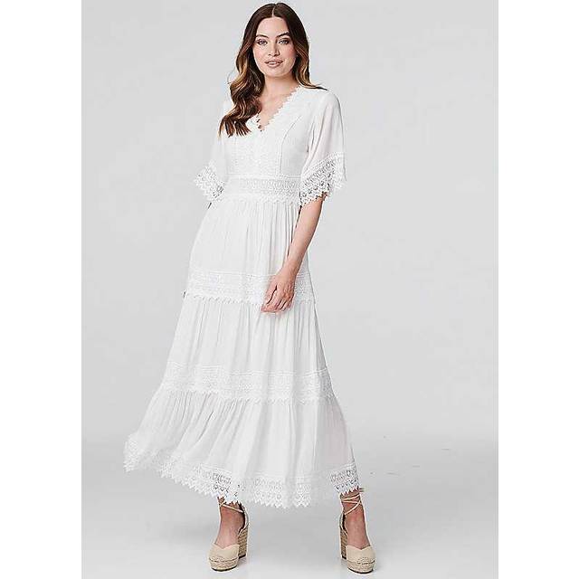 Izabel London Short Sleeve Crochet Maxi Dress - White - 10