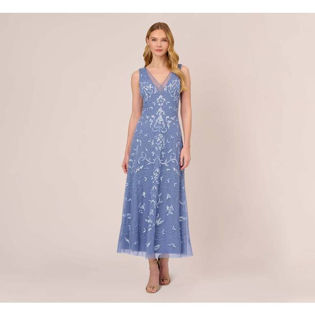 Hand-Beaded Ankle-Length Dress In French Blue - 12