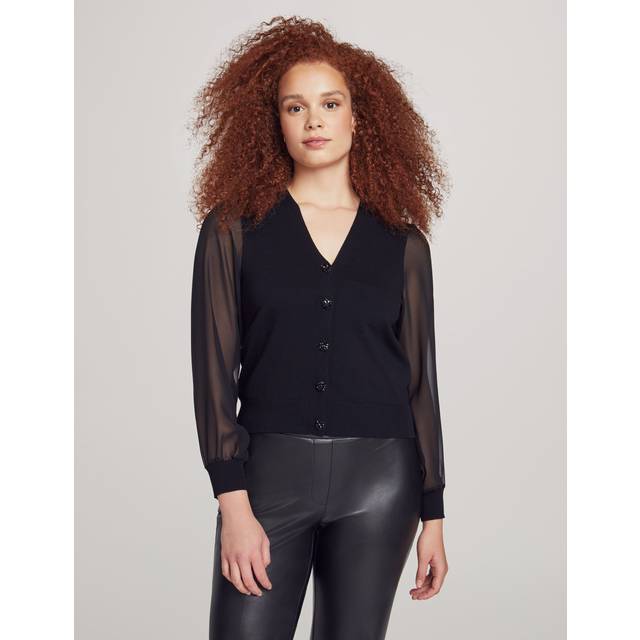 Anne Klein Women's V Neck Cardigan with Sheer Sleeves in Anne Black size Small