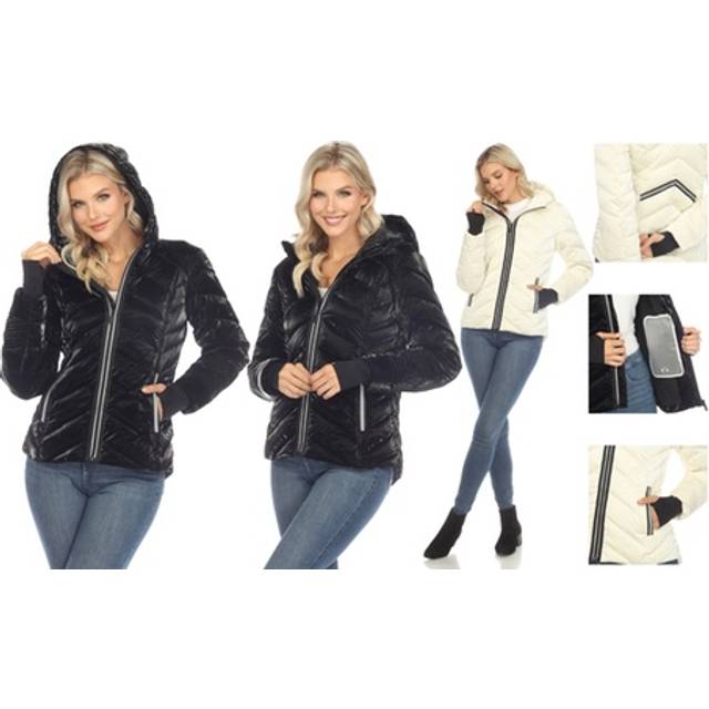 White Mark 8955-03-M Womens Midweight Quilted Contrast with Thumbholes Hooded Jacket, White - Medium