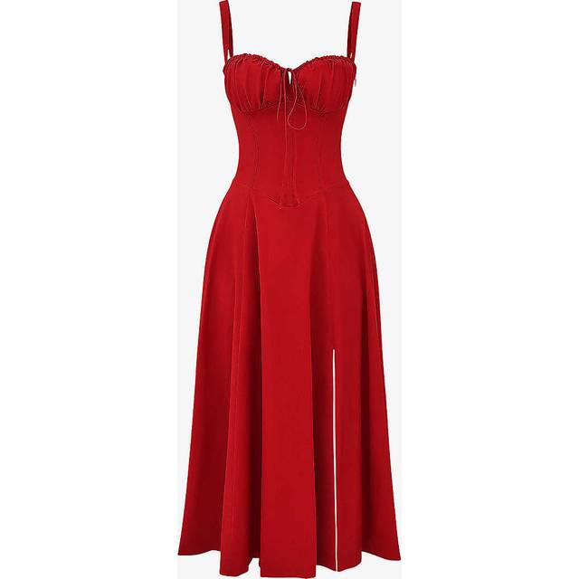 House of Cb Womens Red Rose Carmen Gathered-cup Stretch Cotton-blend Midi Dress Xs - RED ROSE