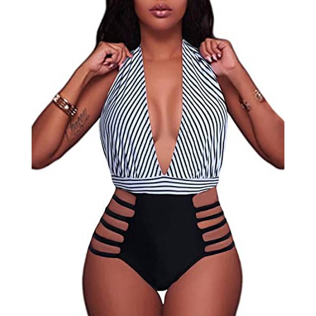 Aqua Eve Women Sexy One Piece Swimsuits Halter Plunge V Neck Cutout Bathing Suits Black Stripe Large