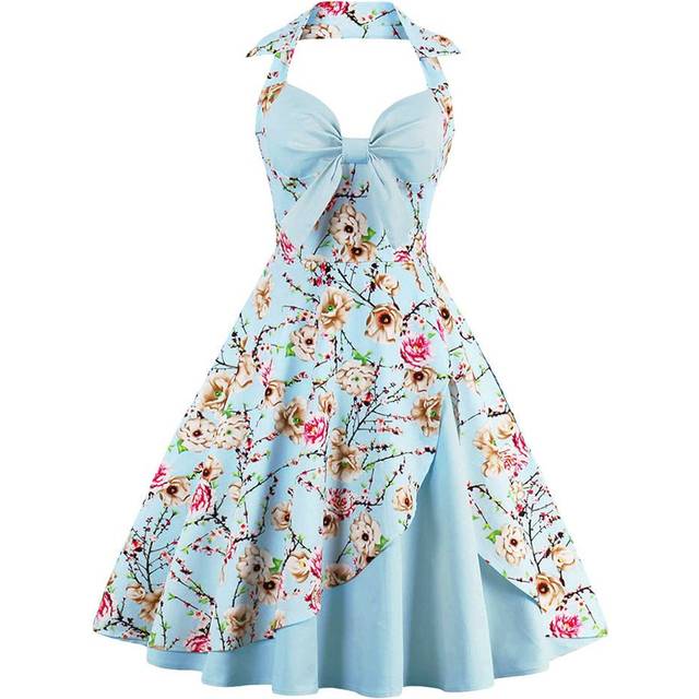 Women Vintage Polka Dot 1950s Rockabilly Halter Audrey Dress Retro Floral Evening Cocktail Swing Dress