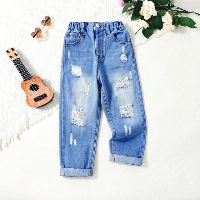 SHEIN Young Girl Neutral Casual Daily Medium Wash Fully Elastic Waist Ripped Flat Pockets Baggy Jeans With Row Up Hems