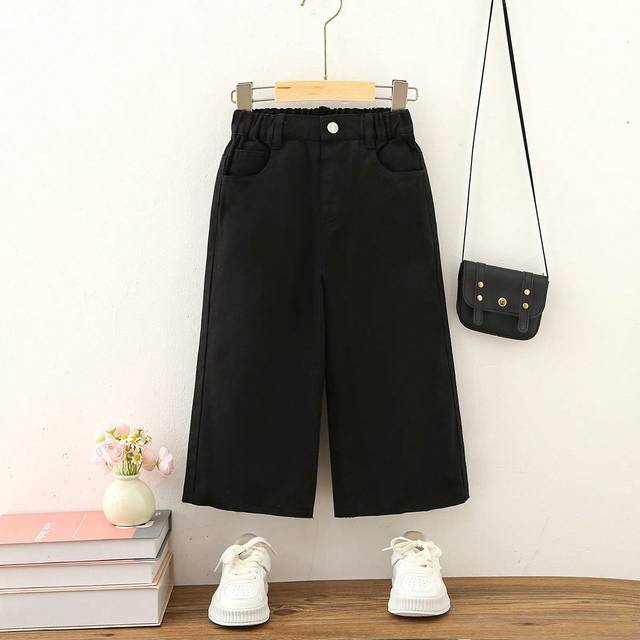 SHEIN Young Girl Preppy Casual Black Fully Elastic Waist Wide Legs Cropped Pants With Flat Pockets