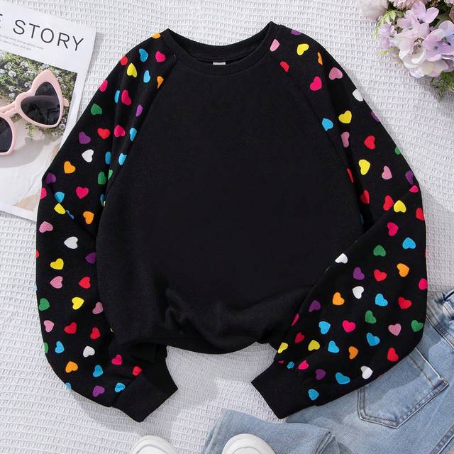 Tween Flicka Sportig Street Sticka Hjärttryck Runda Hals Lång Ärm Sweatshirts - Svart (8Y,9Y,10Y,11Y,12Y)