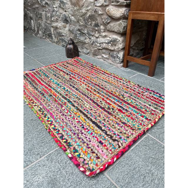 MISHRAN Natural Rug Hand Woven with Multi Colour Braids - Natural Jute - L75 x W120 - Multicolour
