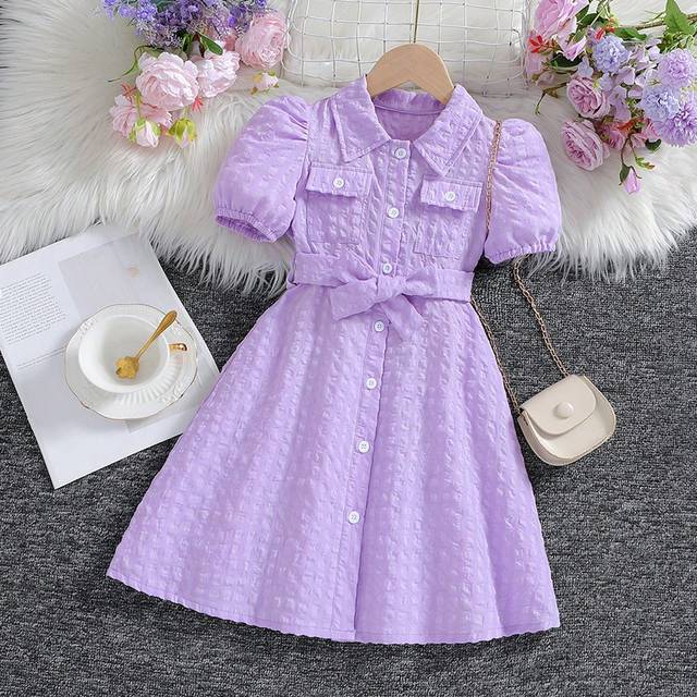 SHEIN Young Girl Fashionable Casual Plaid Bubble Short Sleeve Dress With Turn-Down Collar, Pockets And Tie, Suitable For Travel, Vacation, Party, Summer Clo