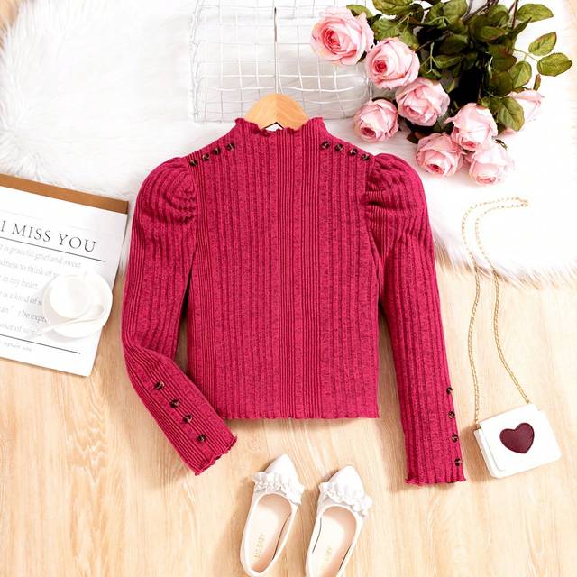 SHEIN Girls&#39; High-neck Puff Sleeve T-shirt With Unique Design For Spring