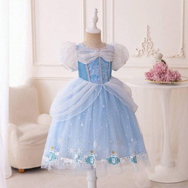 SHEIN Young Girl Patchwork Tulle & Glitter Pumpkin Carriage Pattern Puff Sleeve Fluffy Princess Dress