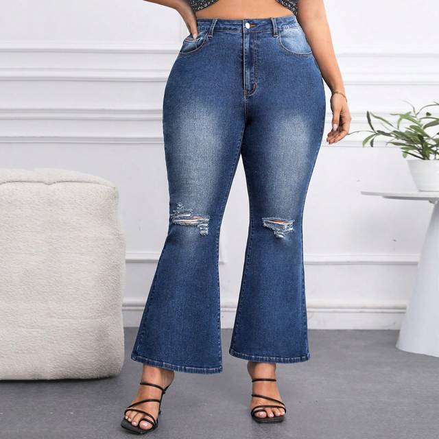 SHEIN Plus Size Distressed Flared Jeans