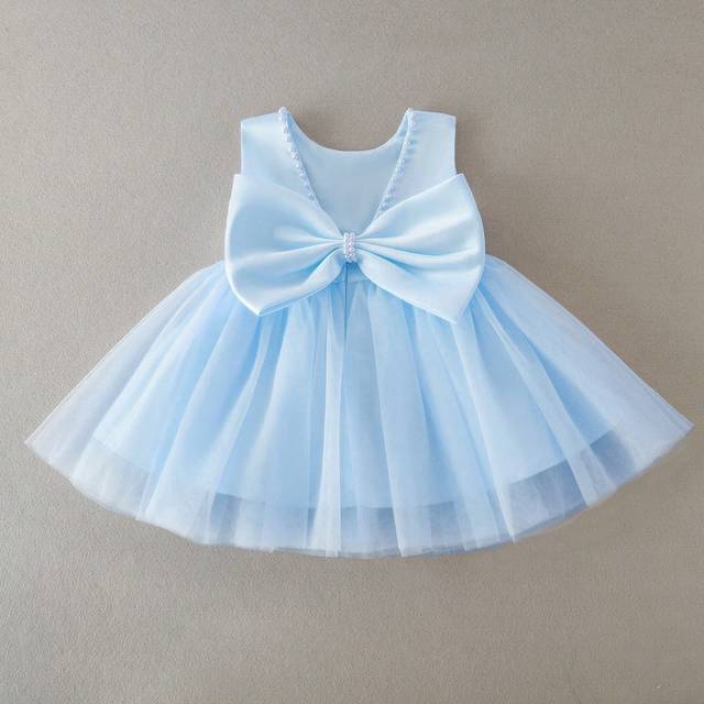 SHEIN Baby Girl Light Blue Mesh Dress With Big Bow, Suitable For Christening, Parties, Birthday