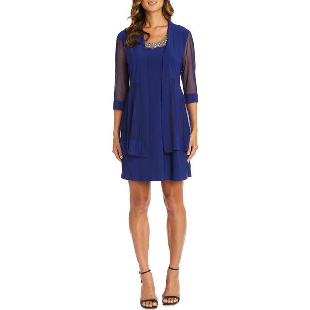 R&M Richards Womens Two-Piece Embellished Ruffled Dress with Jacket Bl