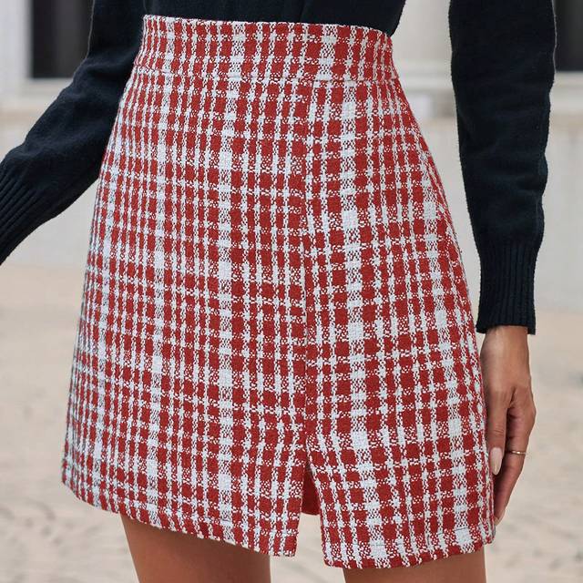 SHEIN Women&#39;S Plaid High Waist Side Slit Skirt