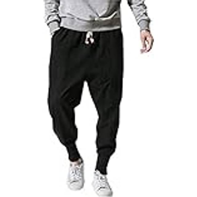 LifeHe Men Linen Drop Crotch Wide Leg Baggy Harem Pants (Black  S)