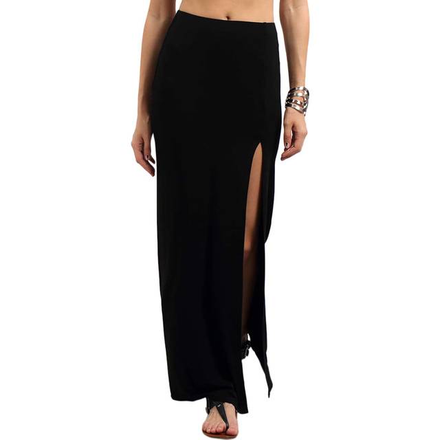 Verdusa Women's Solid Color High Waist Side Split Maxi Skirt Black XS