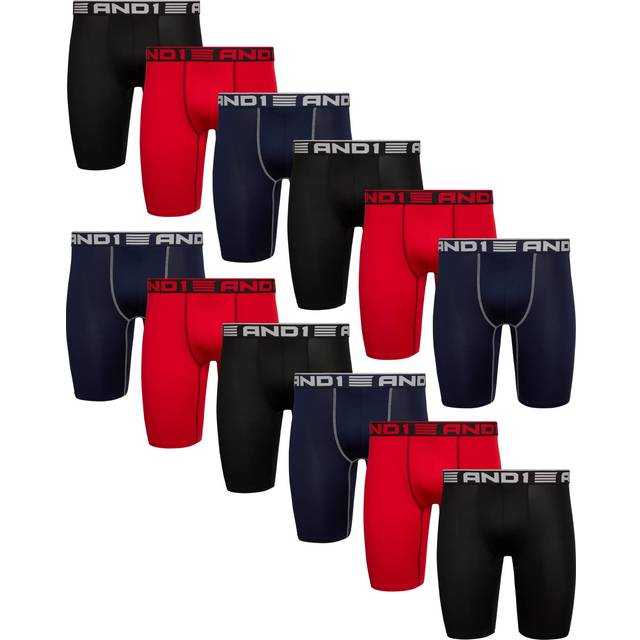 AND1 Men's Underwear - 12 Pack Long Leg Performance Compression Boxer Briefs S-3XL  Size Large  Black/Red/Navy
