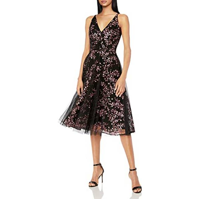 Dress the Population womens Courtney Sleeveless Veiled Fit & Flare Midi Dress  Fuchsia Multi  Small US