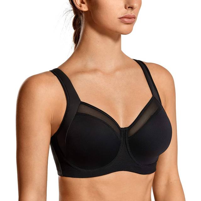 SYROKAN High Impact Sports Bras for Women High Support Unlined Underwire Racerback No Uniboob Workout Bra Black 36DD