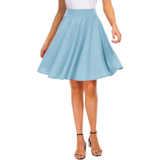 EXCHIC Women's Casual Stretchy Flared Mini Skater Skirt Basic A-Line Pleated Midi Skirt L  Light Blue
