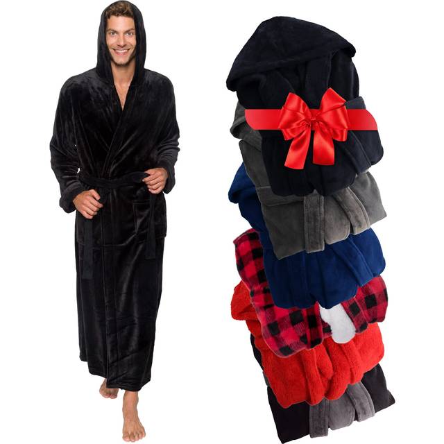 Ross Michaels Mens Robe Big & Tall Hooded Wrap Style - Long Plush Fleece Bathrobe Black  Large/X-Large