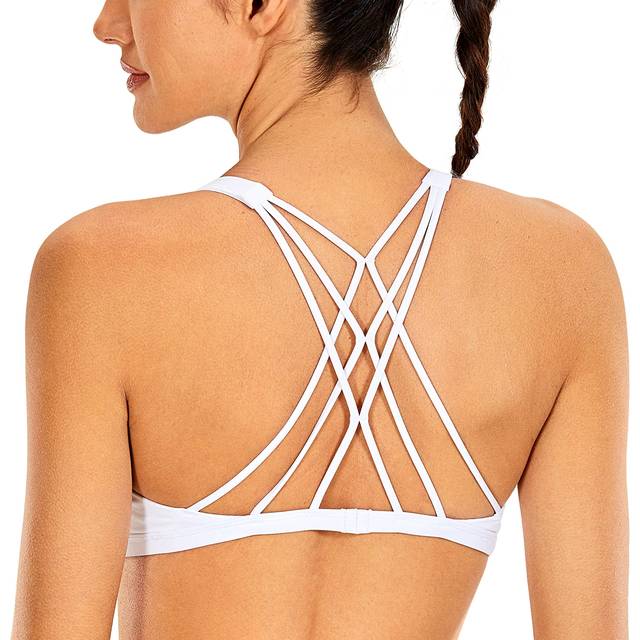 CRZ YOGA Womens Strappy Sports Bra - Criss Cross Back Padded Medium Support Wireless Gym Cami Workout Yoga Milky White X-Small