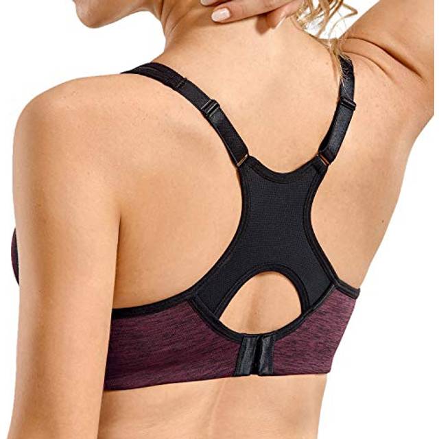 SYROKAN Womens Full Support High Impact Racerback Lightly Lined Underwire Sports Bra Dark red Flower ash 32E