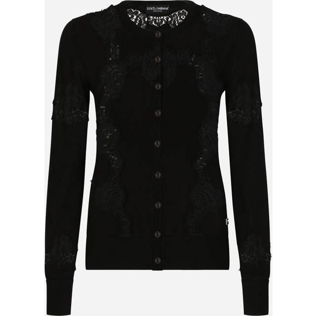 Dolce & Gabbana Cashmere And Silk Cardigan With Lace Inlay - Woman Sweaters And Cardigans Black 38