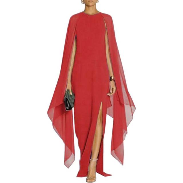 MAYFASEY Womens Elegant High Split crepe Flared Sleeve Formal Evening Long Maxi Dresses Red L