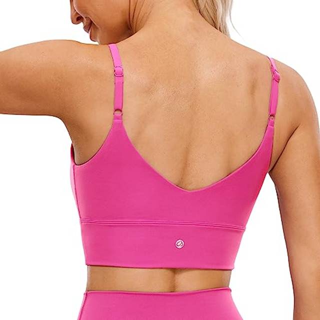 CRZ YOGA Adjustable Longline Sports Bra for Women - V Back Wireless Workout Padded Yoga Camisole Cropped Tank Tops Hibiscus Purple Small