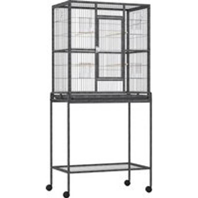 Pawhut Bird Cage Metal Canary Cages For Parakeet With Detachable Rolling Stand, Storage Shelf, Wood Perch, Food Container
