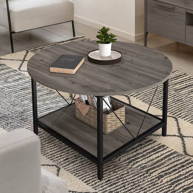 YITAHOME Round Coffee Table for Living Room,80x80x46cm Retro Central Table with Storage Shelf, Industrial Modern Coffee Table with Sturdy Metal Legs