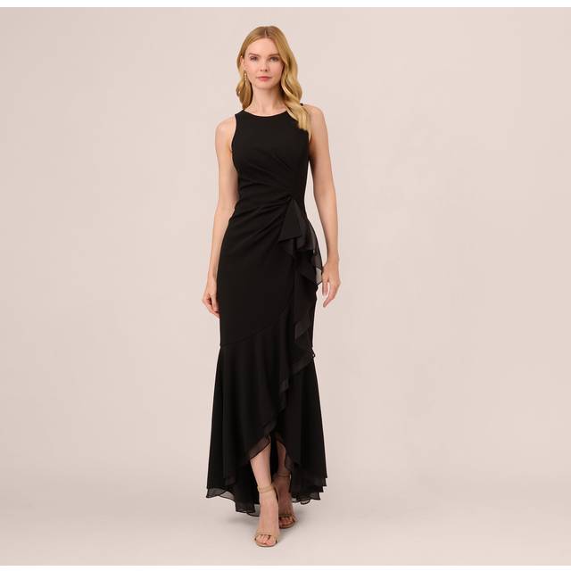 High Low Crepe Halter Gown With Organza Draping In Black - 12
